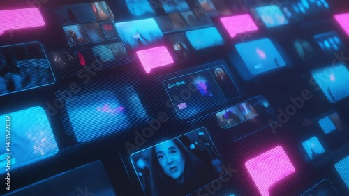 Social Network Concept with Blockchain Architecture Visualization of a Metaverse Big Data with Viral Videos, Advertising, Social Media Profiles with Influencers, Online Art and Internet Communities