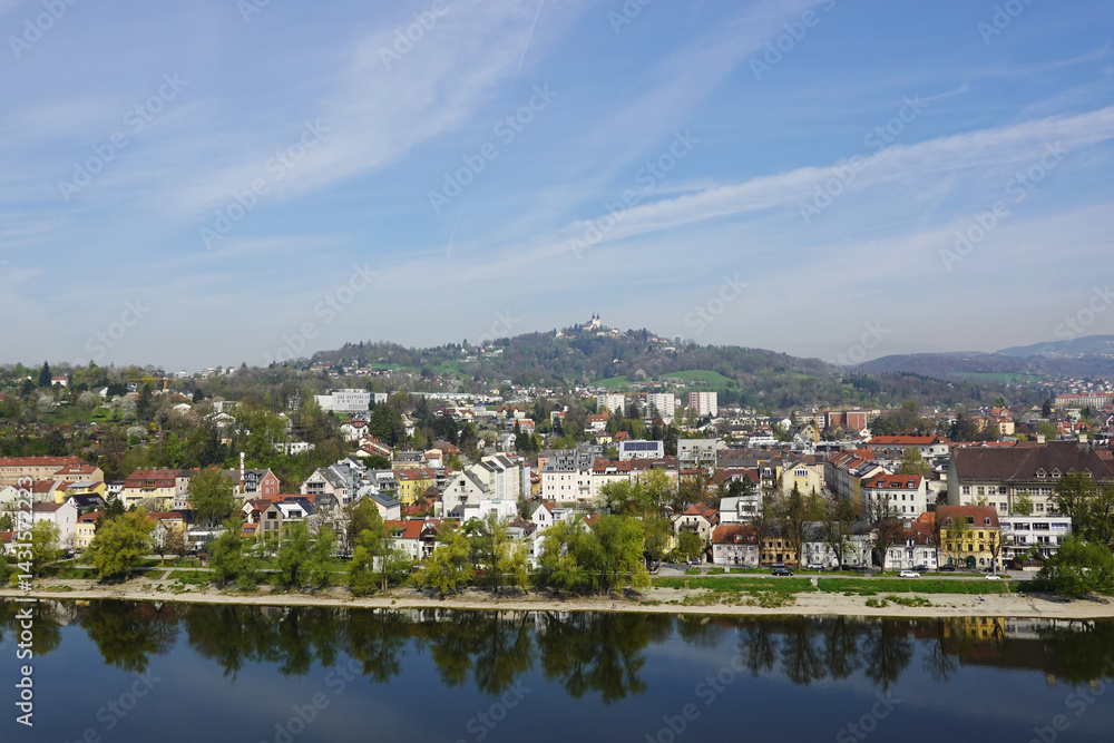 A riverside embankment in Linz, the river Danube, Austria