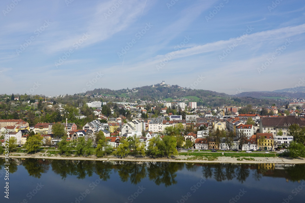 A riverside embankment in Linz, the river Danube, Austria