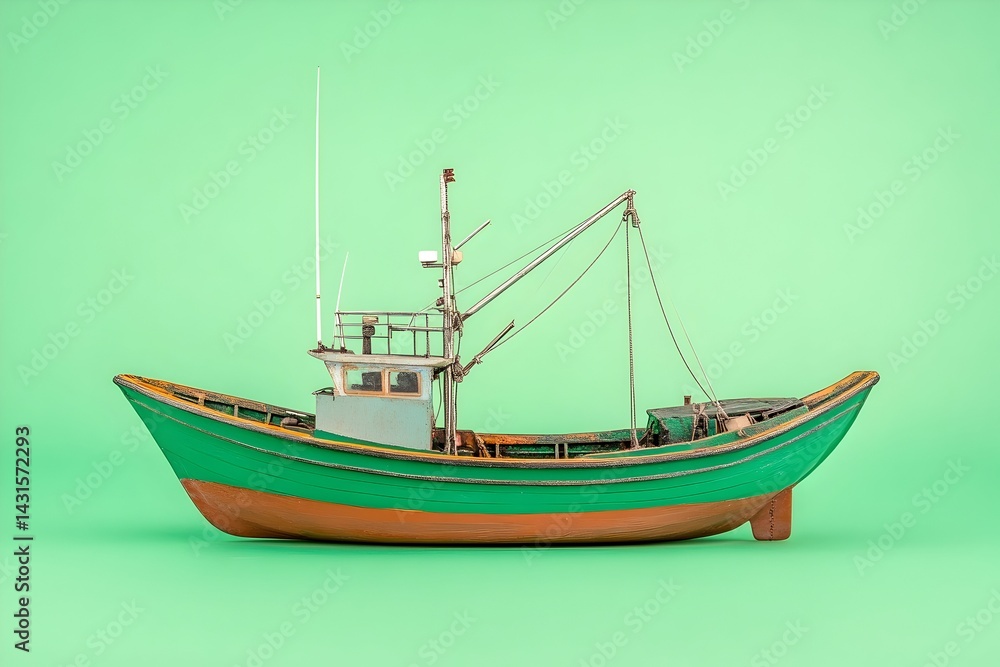 A small green wooden model boat on a green background A small green wooden model boat on a green background