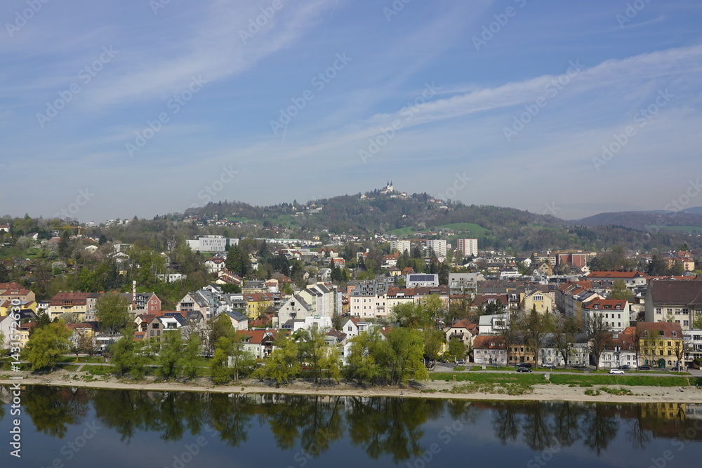 A riverside embankment in Linz, the river Danube, Austria