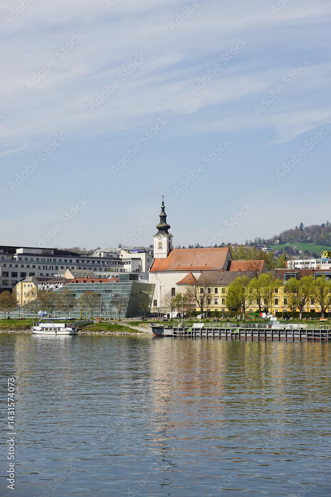 A riverside embankment in Linz, the river Danube, Austria