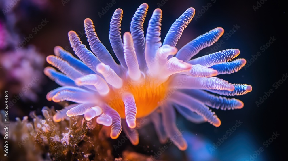 Close-up of a vibrant sea creature, showcasing intricate details of its radiating tentacles, displaying a beautiful blend of vibrant colors Close-up of a vibrant sea creature, showcasing intricate details of its radiating tentacles, displaying a beautiful blend of vibrant colors