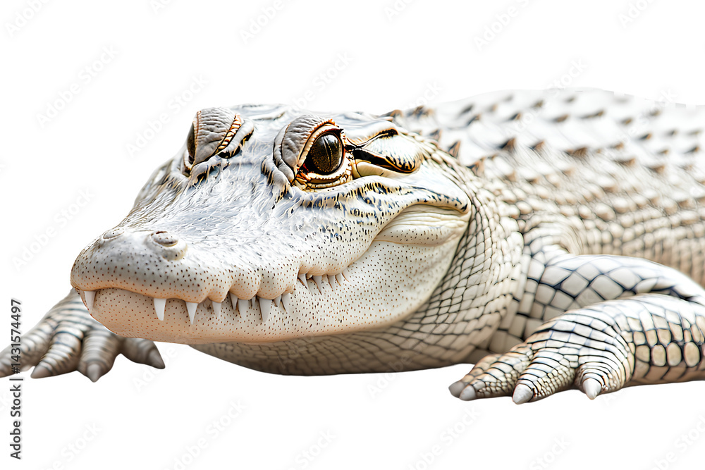 Fototapeta premium White alligator lying down, isolated on a transparent background PNG