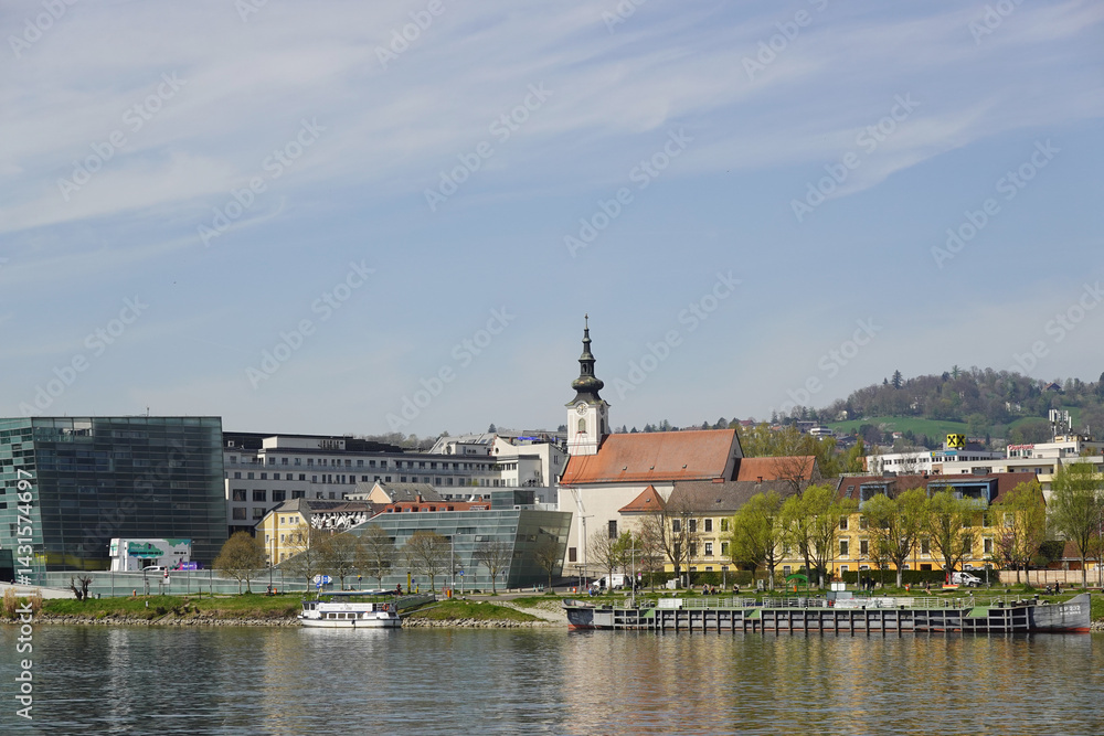 A riverside embankment in Linz, the river Danube, Austria