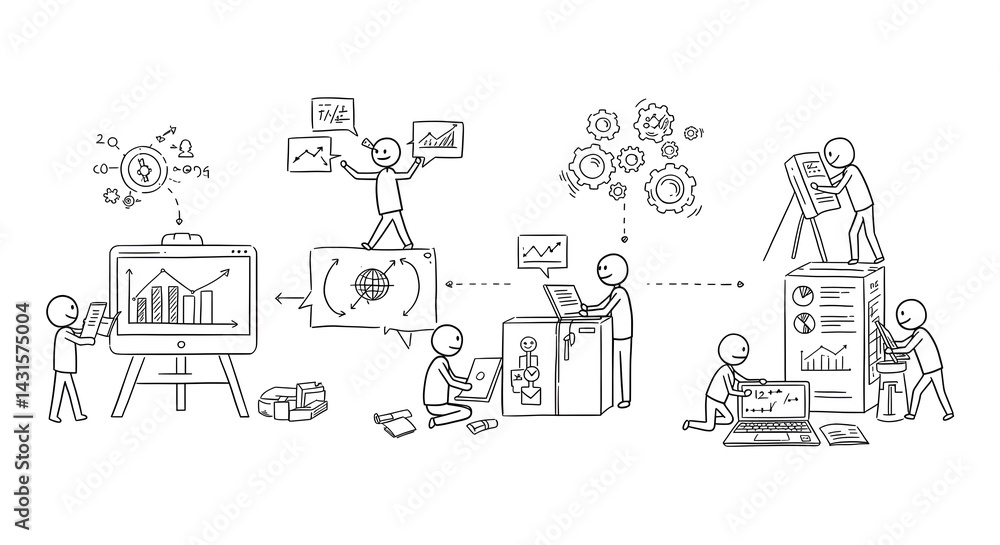 Data analysis collaboration depicted with simple drawings Data analysis collaboration depicted with simple drawings