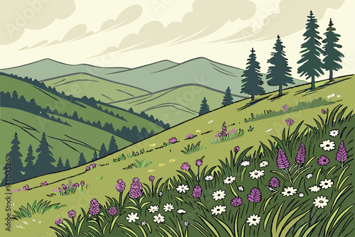 44 Lush green rolling hills, Vibrant wildflower meadow, Purple and white flowers in foreground, Distant mountains, Verdant valley, Cloudy sky, Pastoral landscape, High-angle view, Spring scenery, Natu