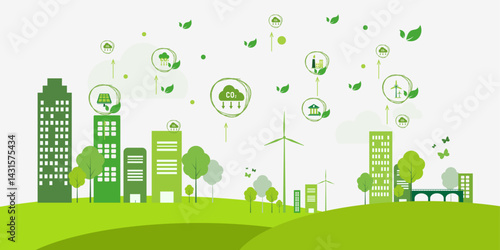 net zero green icon with  green city landscape icon
