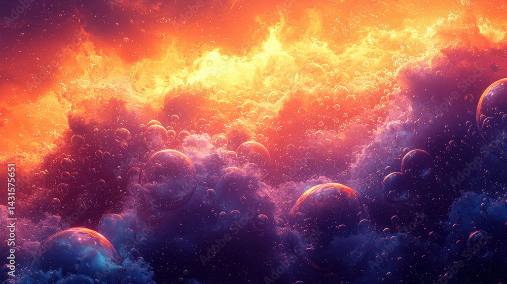 Naklejka premium Celestial collision of bubbles and clouds cosmic scene digital art otherworldly atmosphere panoramic view