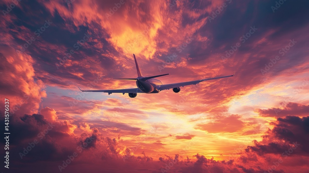 Jet soaring through vibrant sunset clouds Jet soaring through vibrant sunset clouds