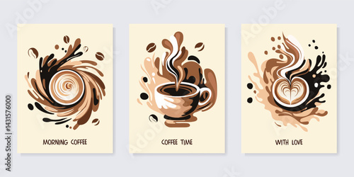 Set of poster design with coffee splash and beans for invitations, cards, banner, paper, cover, cafe menu or another template design. vector illustration.