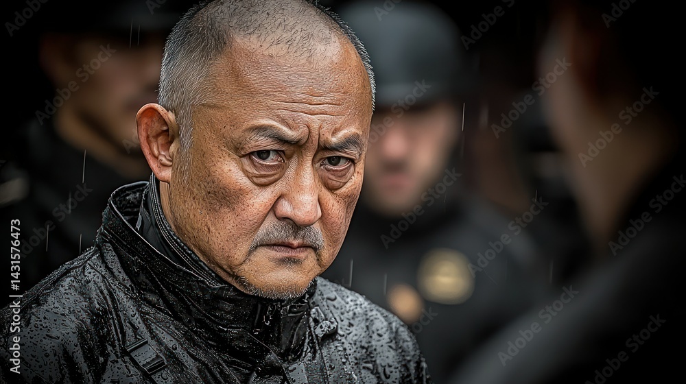 Fototapeta premium A Man in the Rain: A Dramatic Close-Up