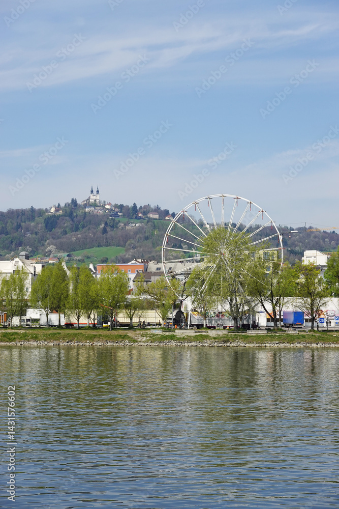 A riverside embankment in Linz, the river Danube, Austria