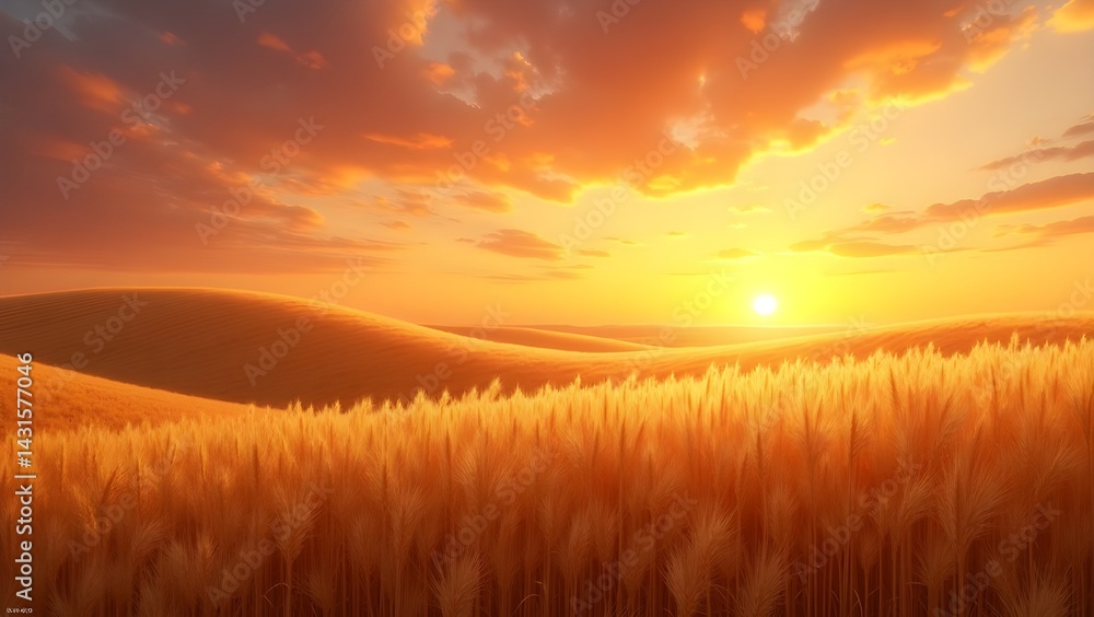 Golden Field at Sunset with Dramatic Sky and Rolling Hills Golden Field at Sunset with Dramatic Sky and Rolling Hills