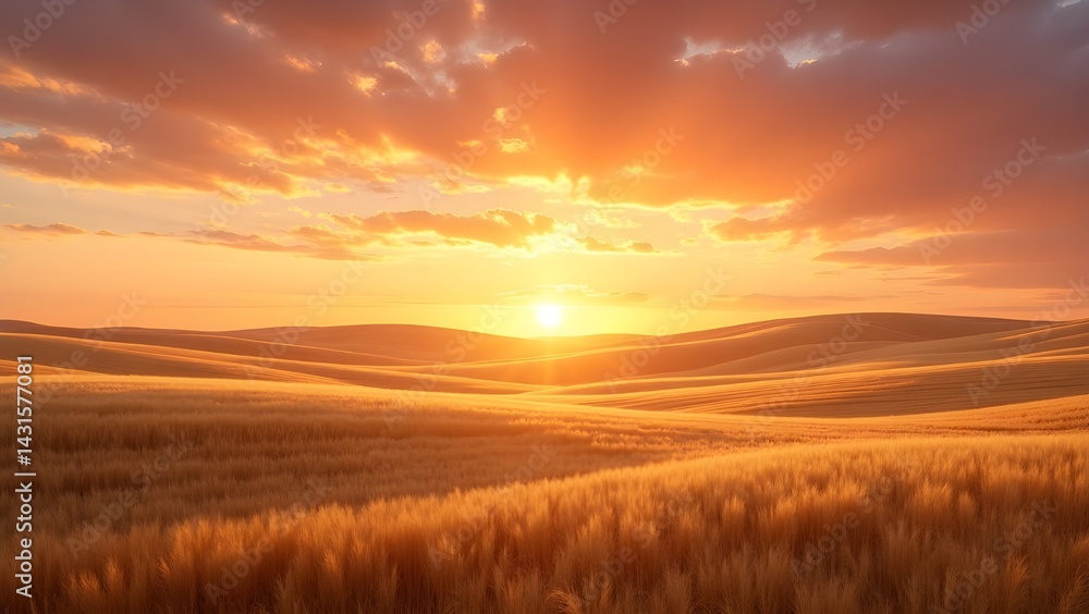 Obraz premium Golden Wheat Field at Sunrise with Rolling Hills Landscape