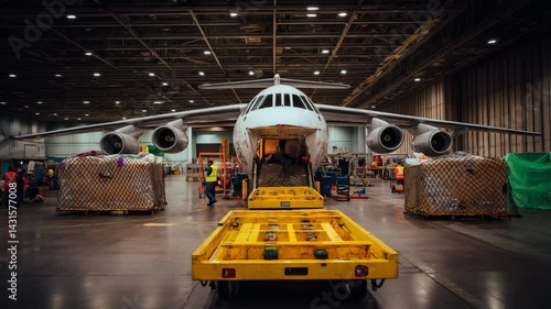 Efficient Airplane Cargo Loading in Hangar Workers and Freight Showcase Logistics and Transportation Industry