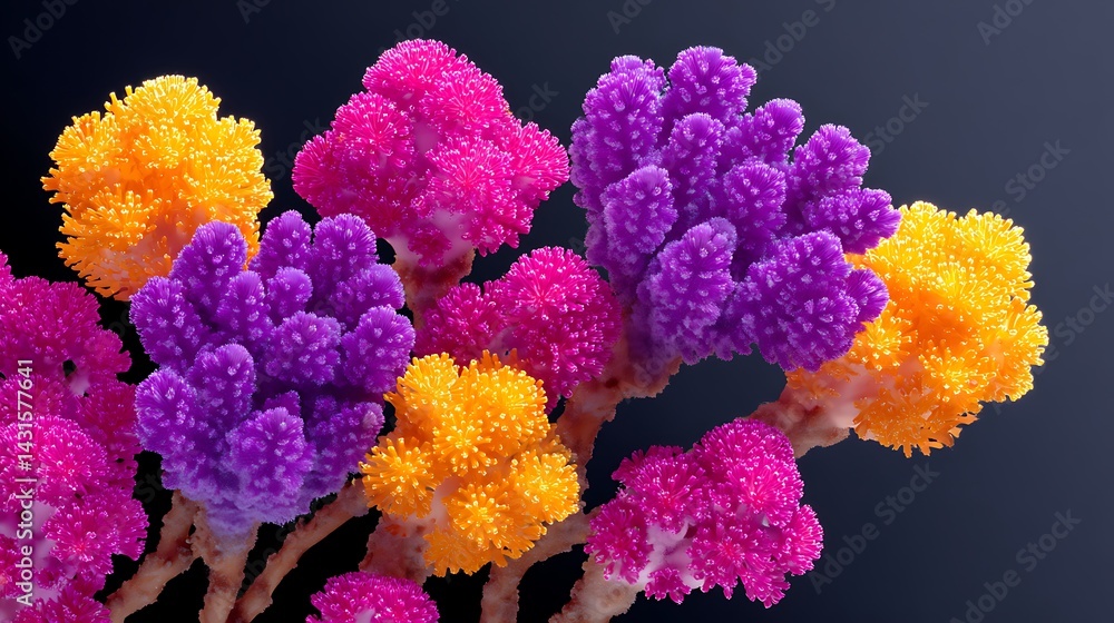 Fototapeta premium Vibrant, abstract, coral-like structures in pink, purple, and orange hues against a dark background