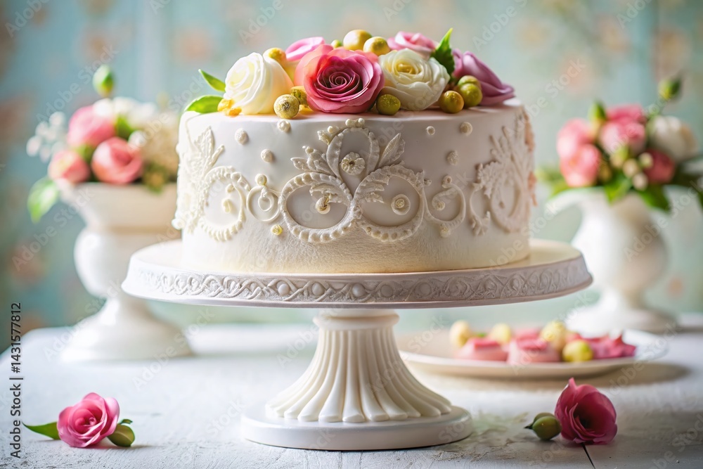 Fototapeta premium Elegant White Floral Cake Stand with Ornate Relief Molding - Food Photography