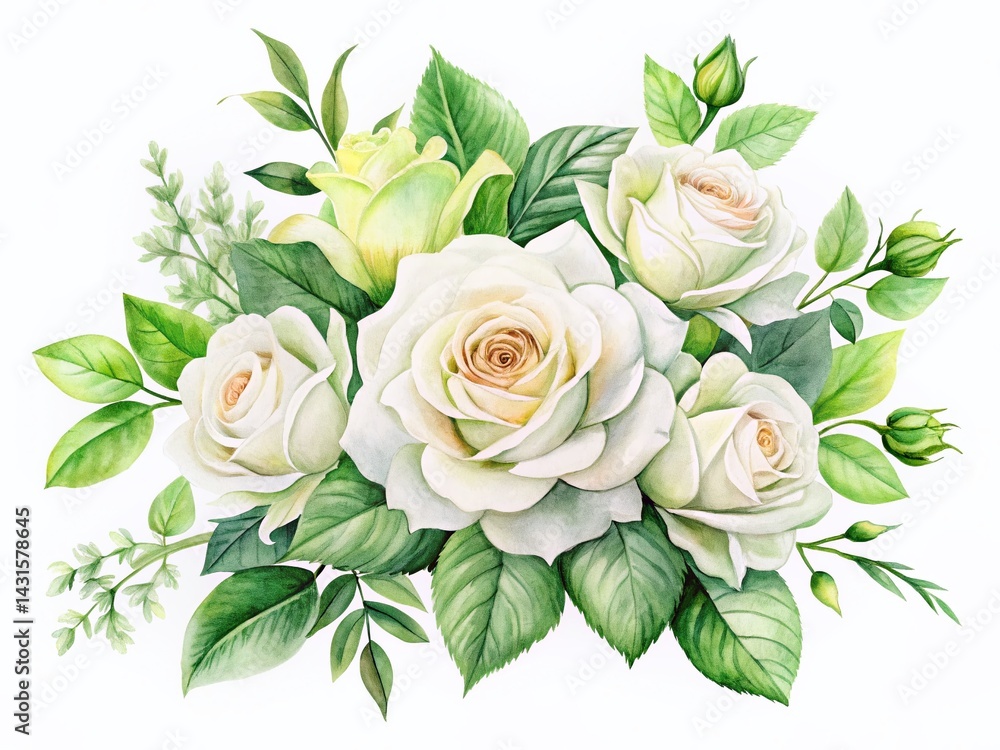 Fototapeta premium Elegant White Watercolor Roses with Green Leaves - Delicate Floral Design
