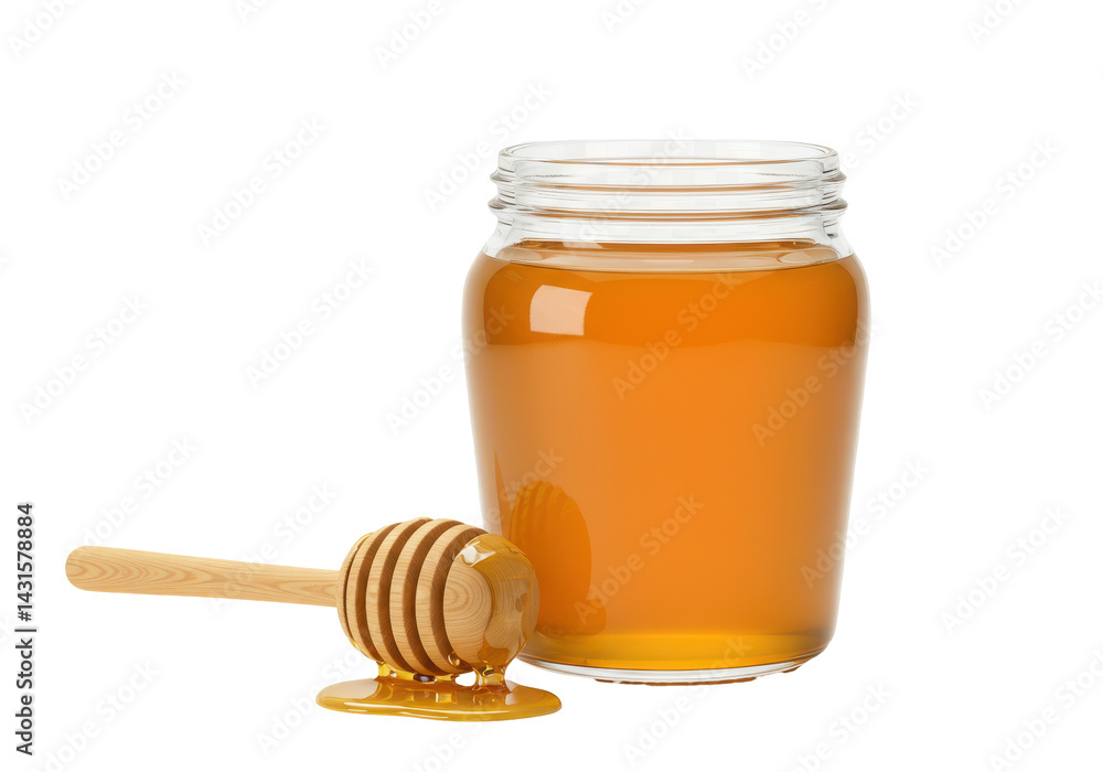 Honey jar dipper sweet golden treat against a stark black background Honey jar dipper sweet golden treat against a stark black background