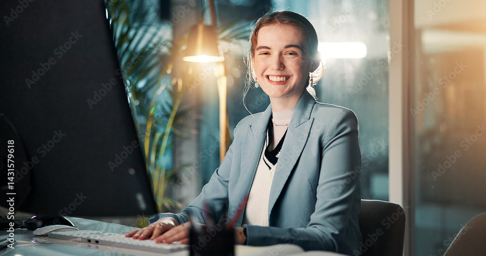 Portrait, night and woman with computer, finance and investment advisor with confidence. Expert, economy analyst and employee in office, evening or pc for email, budget report or proposal for funding