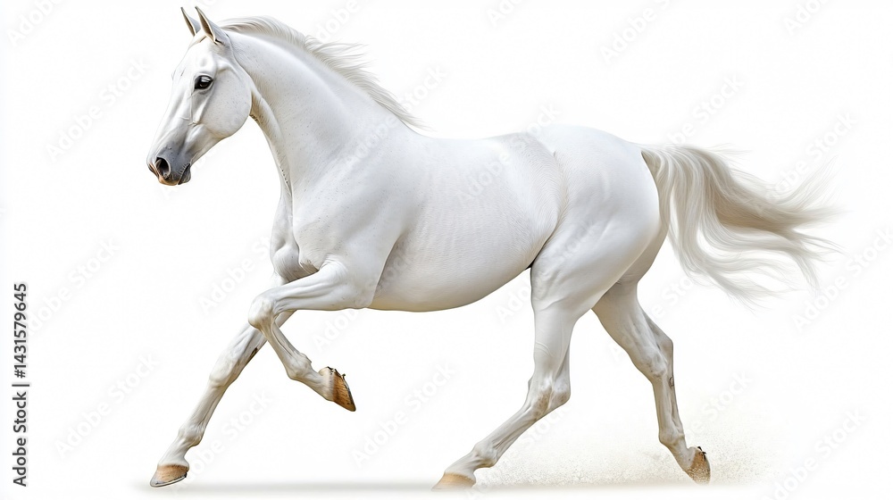 Majestic White Arabian Horse Galloping Gracefully on Isolated White Background Majestic White Arabian Horse Galloping Gracefully on Isolated White Background