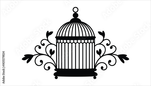 Vintage Birdcage with Ornate Flourishes – Elegant Black Silhouette Design on White Background