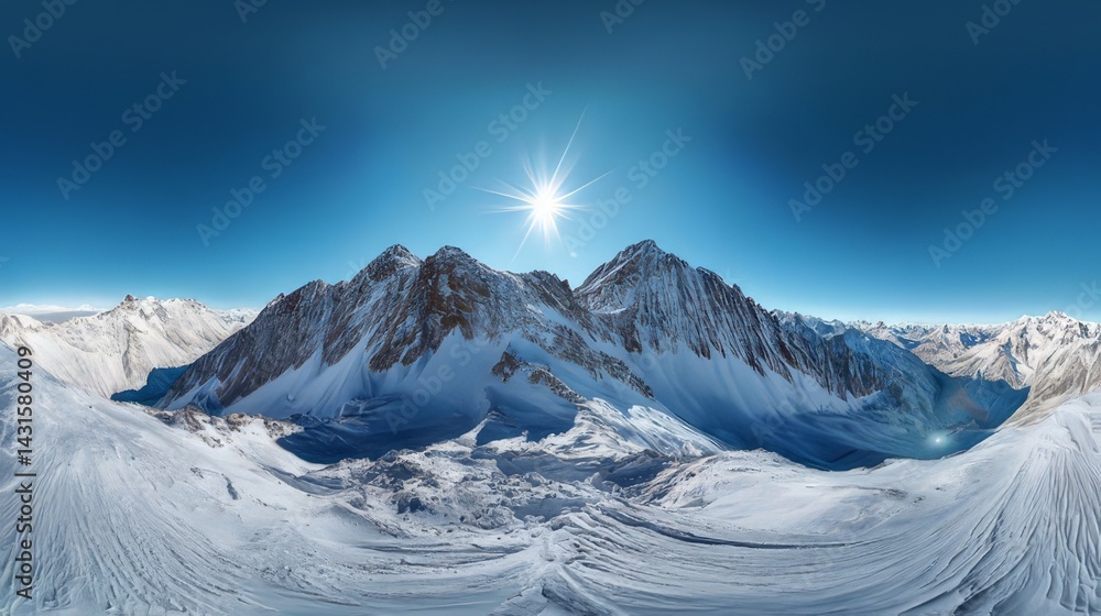 Obraz premium Majestic snow-capped mountains under a bright sun in a clear blue sky during midday hours
