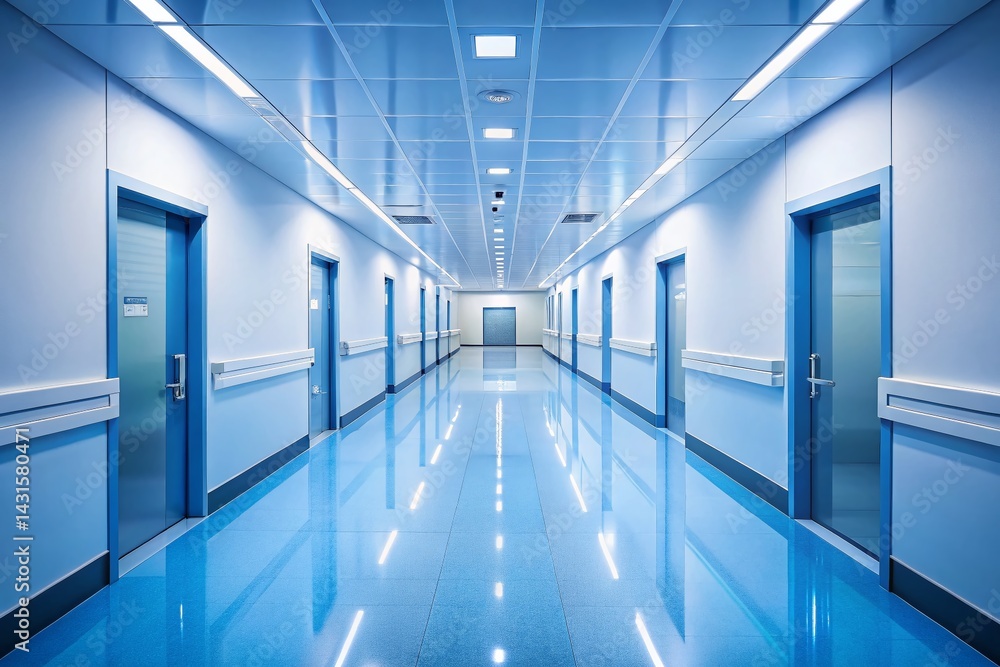 Fototapeta premium Empty Blue Hospital Corridor, Medical Clinic Interior, Healthcare Architecture, Sterile Environment
