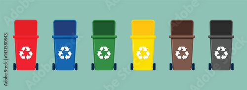 Set of recycling bins for waste sorting flat vector illustration isolated.