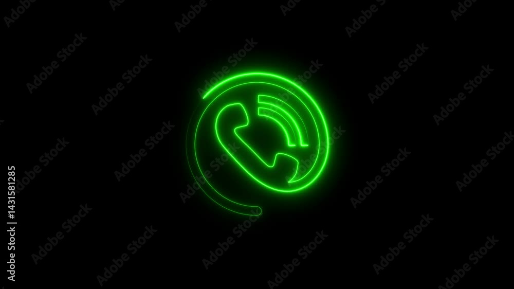 Glowing green telephone icon animation on black background for business or technology Glowing green telephone icon animation on black background for business or technology
