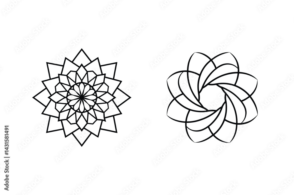 Two Abstract Flower Designs In Simple Black Lines On White Background Two Abstract Flower Designs In Simple Black Lines On White Background