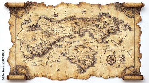 Ancient treasure map on aged parchment scroll with hand-drawn fantasy land, mountains, rivers, and compass rose.