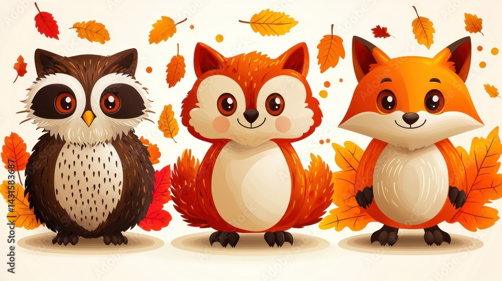 Fototapeta premium Adorable Autumn Animals: Owl, Fox, and Raccoon Celebrating Fall