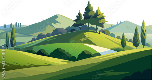 watercolor grassy hill with trees isolated on white background. landscape with mountains