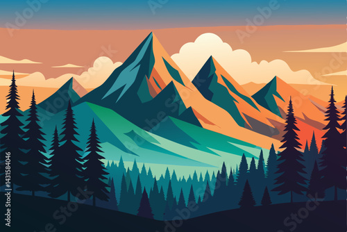 watercolor mountain forest isolated on white background. sunset in mountains