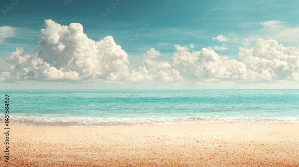 Tranquil ocean view features fluffy white clouds floating above the turquoise water and sandy beach on a bright and sunny summer day for vacationers dreams. Tranquil ocean view features fluffy white clouds floating above the turquoise water and sandy beach on a bright and sunny summer day for vacationers dreams.