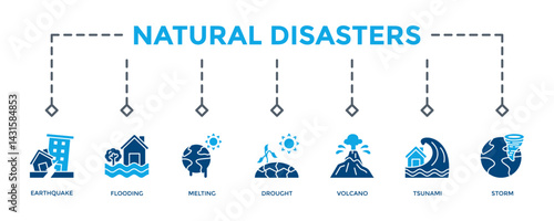 Natural Disasters Banner Icon Vector Illustration. Two Tone Blue Style. Can Be Used To Create Any Design