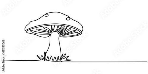 Continuous line drawing of Mushroom. One line Champignon vector background. Edible autumn harvest  Nature food vector illustration. mushroom clean with delicious taste vegetable.                      