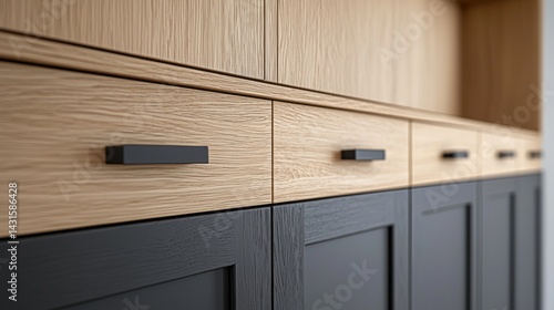 Wallpaper Mural A kitchen with a black and brown cabinet with wooden handles Torontodigital.ca