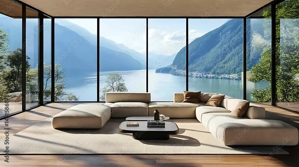 Fototapeta premium Graceful white sofa and sunlight ambiance interior high resolution picture