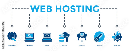 Web Hosting Banner Icon Vector Illustration. Two Tone Blue Style. Can Be Used To Create Any Design