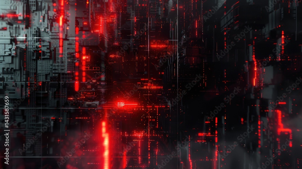 Fototapeta premium Abstract red digital circuit board with glowing lights. Digital artwork of black electrical circle with vibrant red color. Technology innovation and electronics concept. Motherboard design. AIG53.