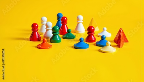 Colorful game pieces arranged on a bright yellow background  