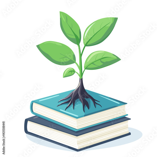 Cartoon vector illustration of a young plant growing from a stack of textbooks with roots and leaves reaching upward on white background.
