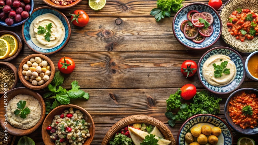 A Rustic Wooden Table Display Featuring an Array of Vibrant and Appealing Middle Eastern Dishes and Fresh Produce, Ideal for Culinary Bloggers and Food Enthusiasts A Rustic Wooden Table Display Featuring an Array of Vibrant and Appealing Middle Eastern Dishes and Fresh Produce, Ideal for Culinary Bloggers and Food Enthusiasts