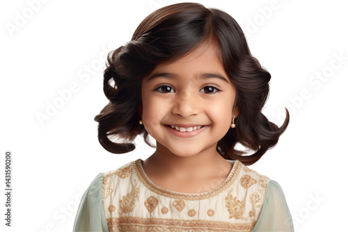 Smiling Indian girl on Transparent Background – Happy Child Cutout, Isolated PNG, Joyful Expression – Ideal for Web, Education, Advertising, Family, or Cultural Design Projects, PNG cut out.	
