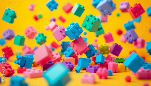 Colorful building blocks float in mid-air against a bright yellow background creating a playful atmosphere of creativity