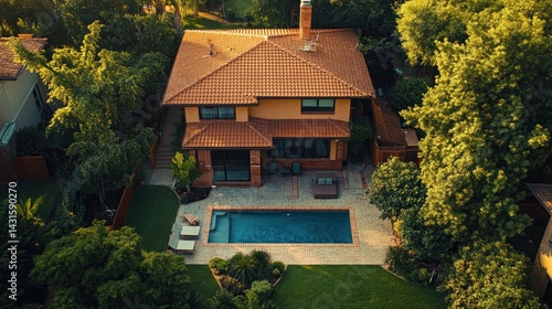 Luxury Home Aerial View: Dream House with Pool and Lush Landscaping