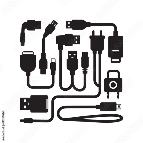 Electronic cables, computer connectors, black silhouettes, tech accessories, USB plugs 